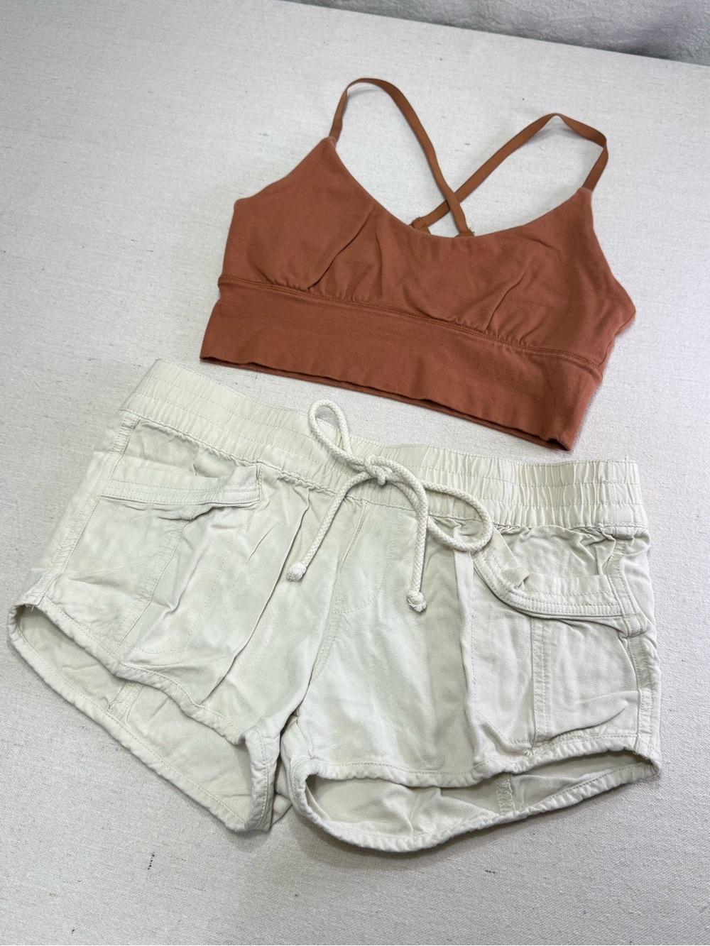 Rust Cropped Brami & Cream Drawstring Shorts Set - Size Medium